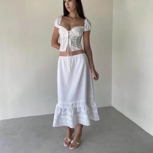 纯欲风蕾丝花边衬衫长裙套装女夏