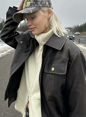 vintage翻领擦色皮衣夹克女秋季宽松机车廓形宽松休闲棒球服外套