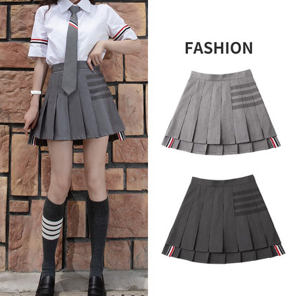 百褶裙tb四条杠纹衬衫套装2024新款小个子短裙显瘦A字高腰半身裙