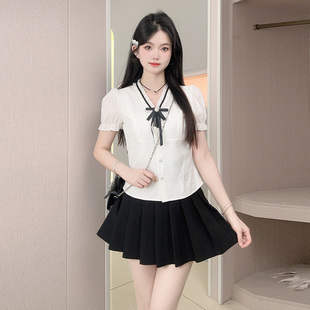 女夏季 衬衫 设计感小众洋气百搭衬衣 温柔风气质蝴蝶结短袖 2015法式