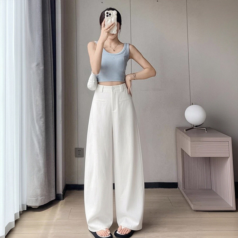 乡美媚白色亚麻阔腿裤女夏季薄款高腰宽松弯刀裤小个子显瘦休闲裤
