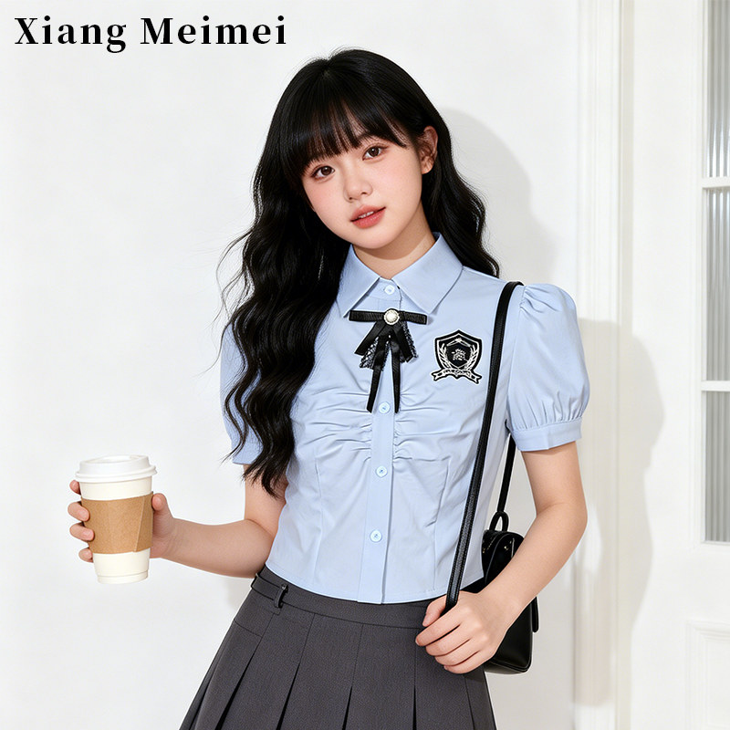 乡美媚jk制服日系衬衫女2026夏季收腰显瘦徽章学院风短袖衬衣
