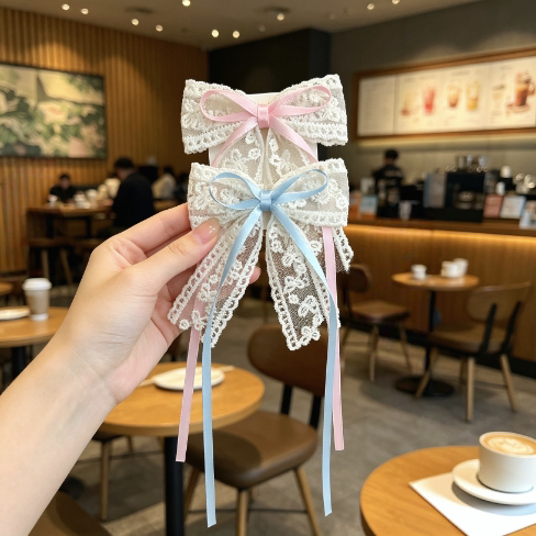 蕾丝蝴蝶结飘带刘海鸭嘴发夹