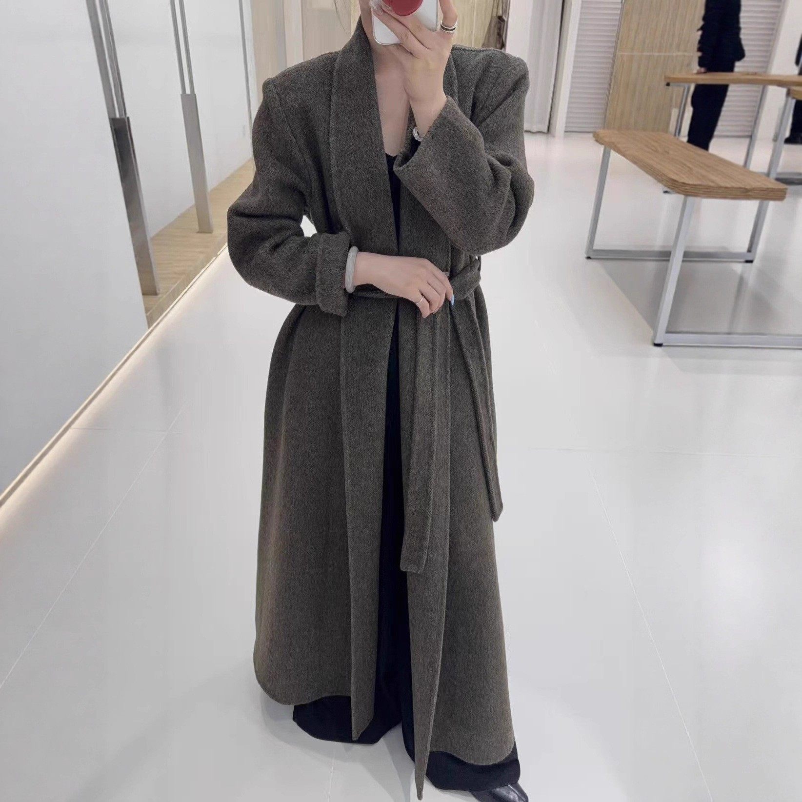 2025新品高贵气质双面羊毛大衣秋冬长款浴袍翻领系带时尚毛呢外套