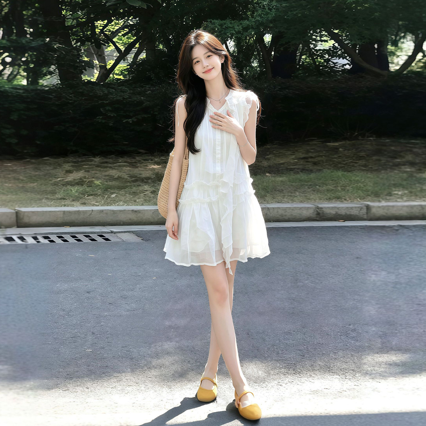 法式初恋甜美白色背心连衣裙子女连衣裙