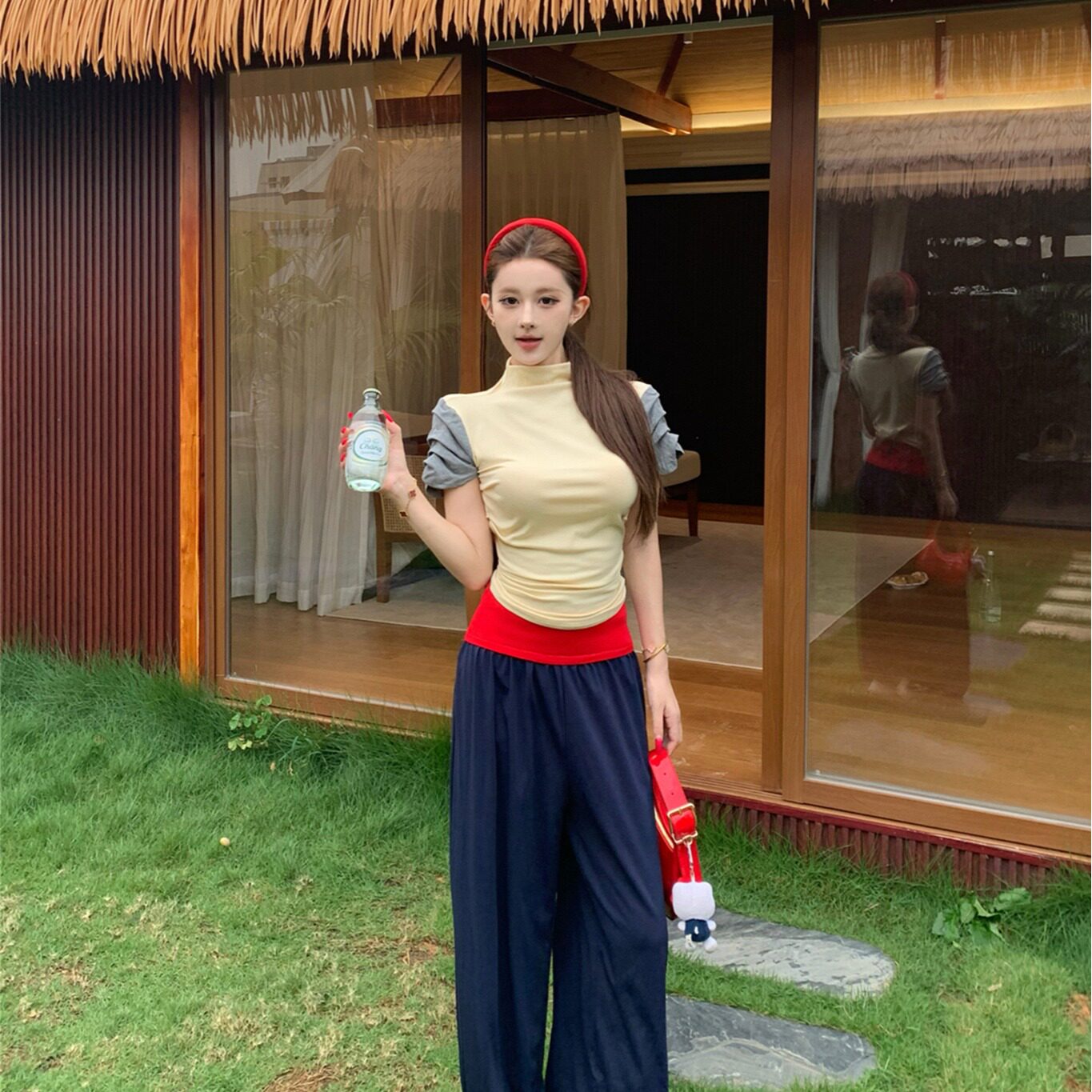 夏季撞色拼接套装女半高领泡泡袖上衣 + 藏青阔腿裤民族风两件套