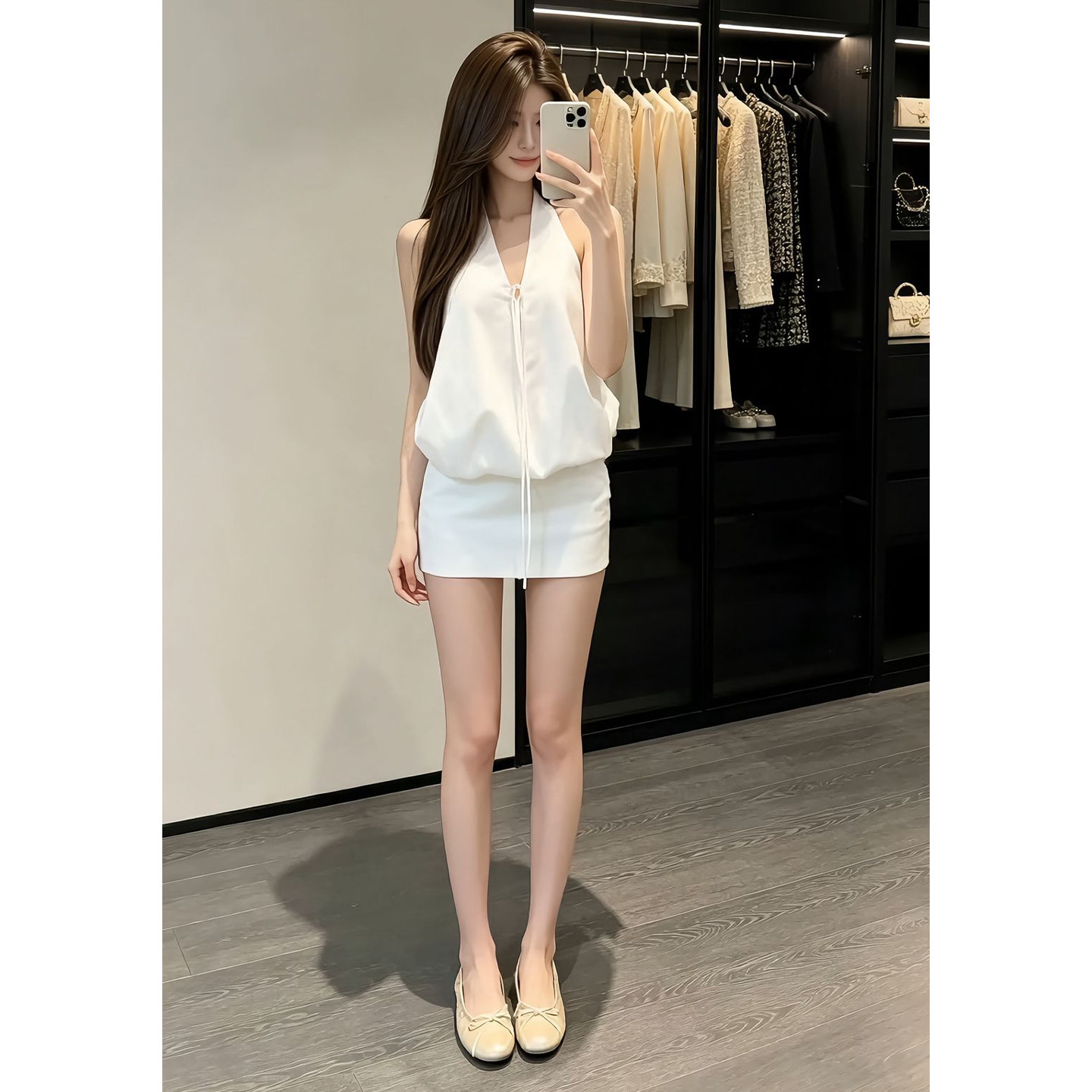韩系设计感白色v领挂脖无袖上衣女2026新款夏季套装包臀半身短裙