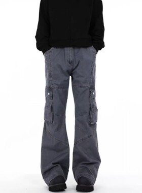 Promiseme美式复古多口袋微喇工装裤直筒机能风长裤牛仔裤