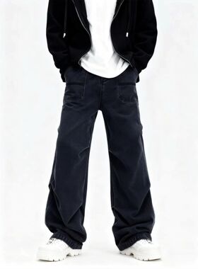 Promiseme宽松阔腿牛仔裤春秋季水洗深色口袋工装设计感休闲裤子