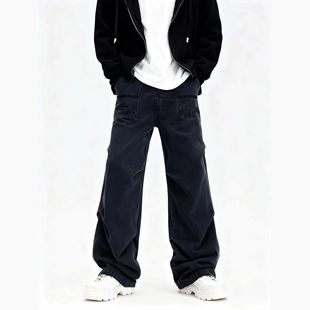 Promiseme宽松阔腿牛仔裤春秋季水洗深色口袋工装设计感休闲裤子
