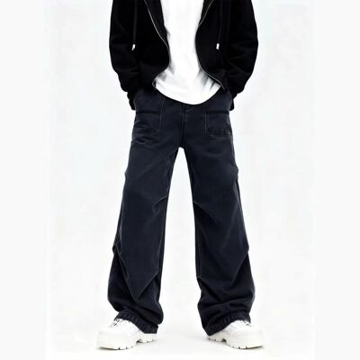 Promiseme宽松阔腿牛仔裤春秋季水洗深色口袋工装设计感休闲裤子