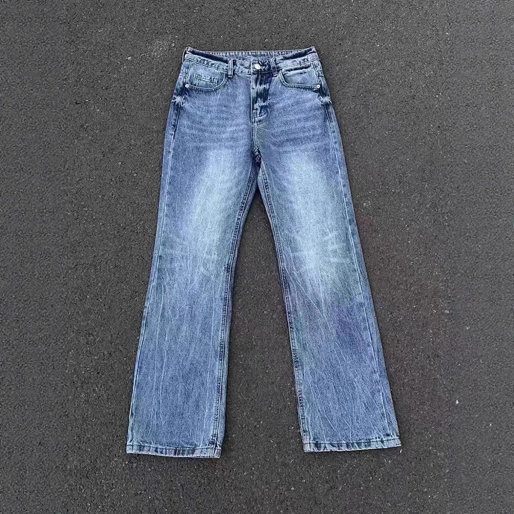 promiseme闪电波纹冰蓝牛仔 必入重工水洗纹竹节直筒微喇牛仔裤