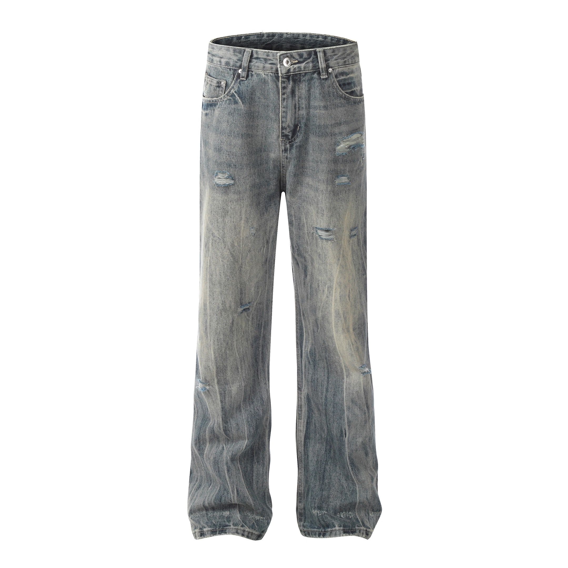 Promiseme闪电牛仔裤男生秋季破洞阔腿裤春秋cleanfit微喇裤子