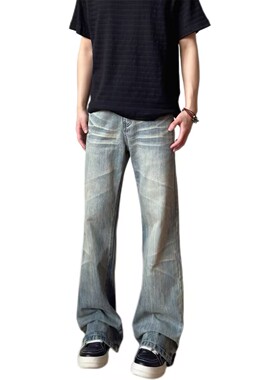 Promiseme美式高街cleanfit微喇牛仔裤修身闪电猫须直筒长裤