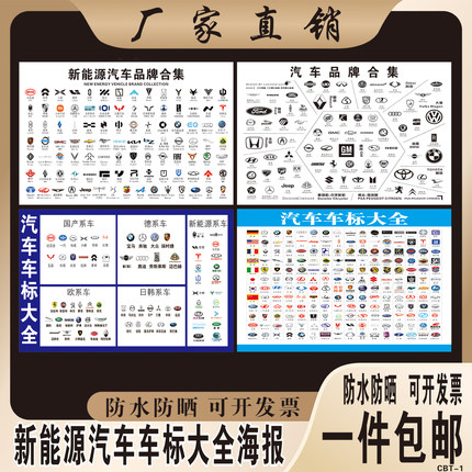 新能源电动汽车标志大全贴纸海报汽车美容店挂图世界名车标识LOGO