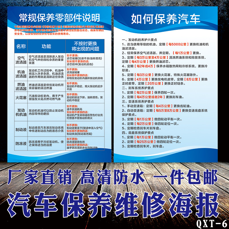 汽车4S店车辆保养项目周期表洗车维修美容店宣传广告大海报自粘图