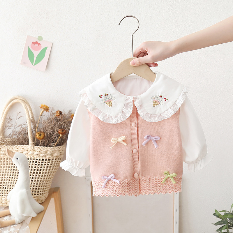 女宝宝秋装衬衫毛衣套装1234岁女童衬衣针织马甲两件套中小童上衣