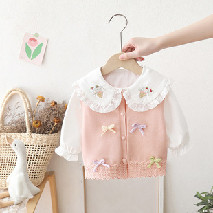 女宝宝秋装衬衫毛衣套装1234岁女童衬衣针织马甲两件套中小童上衣