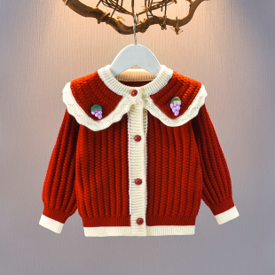女童针织翻领开衫新款春秋装女宝宝毛衣外套百搭洋气公主儿童外套