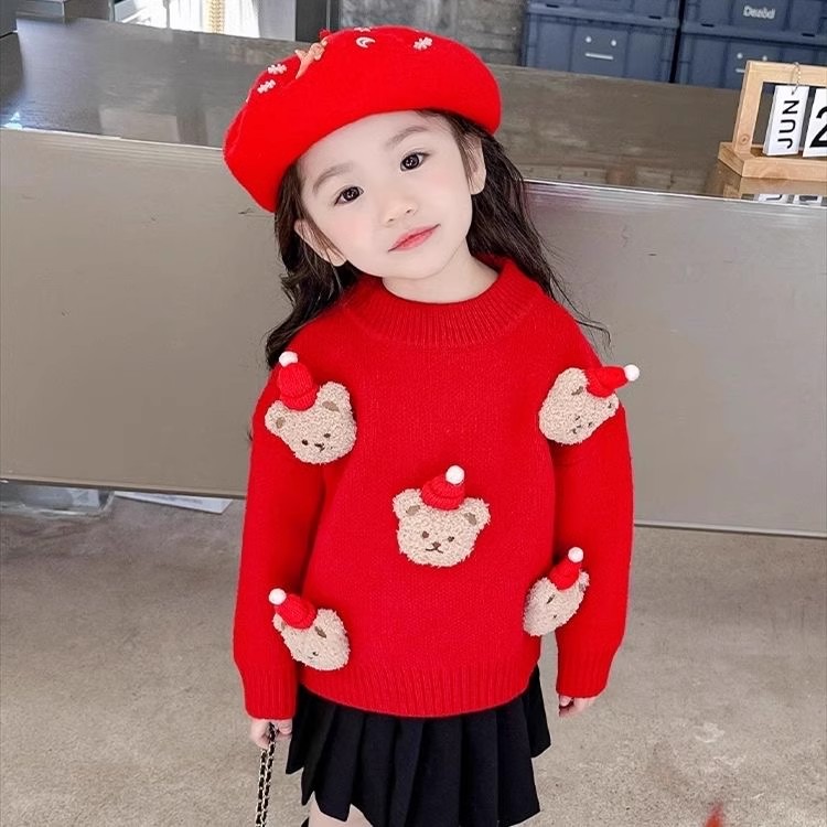 儿童打底针织衫毛衣秋冬男女童装2025龙年新年衣服红色加绒拜年服