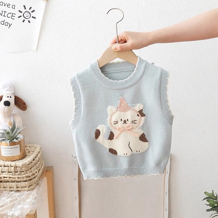 女童针织马甲春秋款2025新款宝宝卡通猫咪外穿薄款儿童装背心马夹