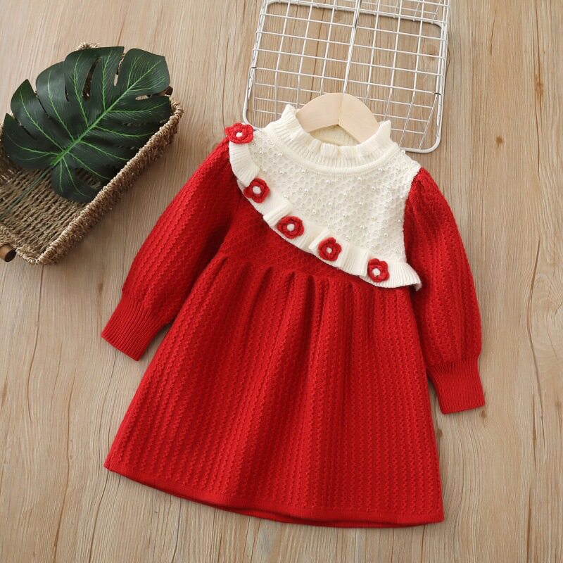 女童毛衣连衣裙秋冬装2025新款儿童针织衫花朵公主裙宝宝周岁礼服