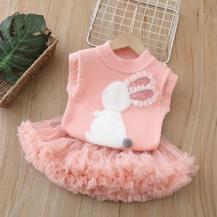 女童韩版针织毛衣裙套装2025新款秋季儿童洋气卡通马甲半身网纱裙