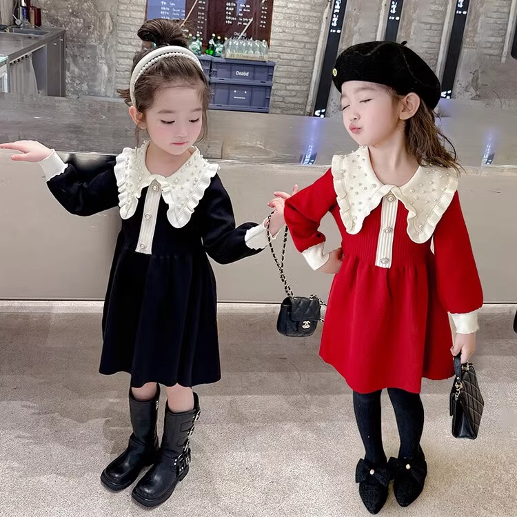 洋气女宝宝韩版翻领针织公主裙