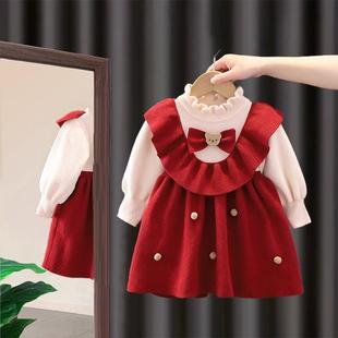 女童时尚洋气针织连衣裙秋冬季小女孩韩版裙子加绒红色礼服公主裙