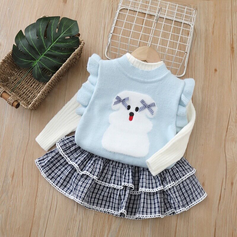 女童卡通打底马甲套装秋冬儿童针织毛衣裙子卡通三件套女宝宝衣服