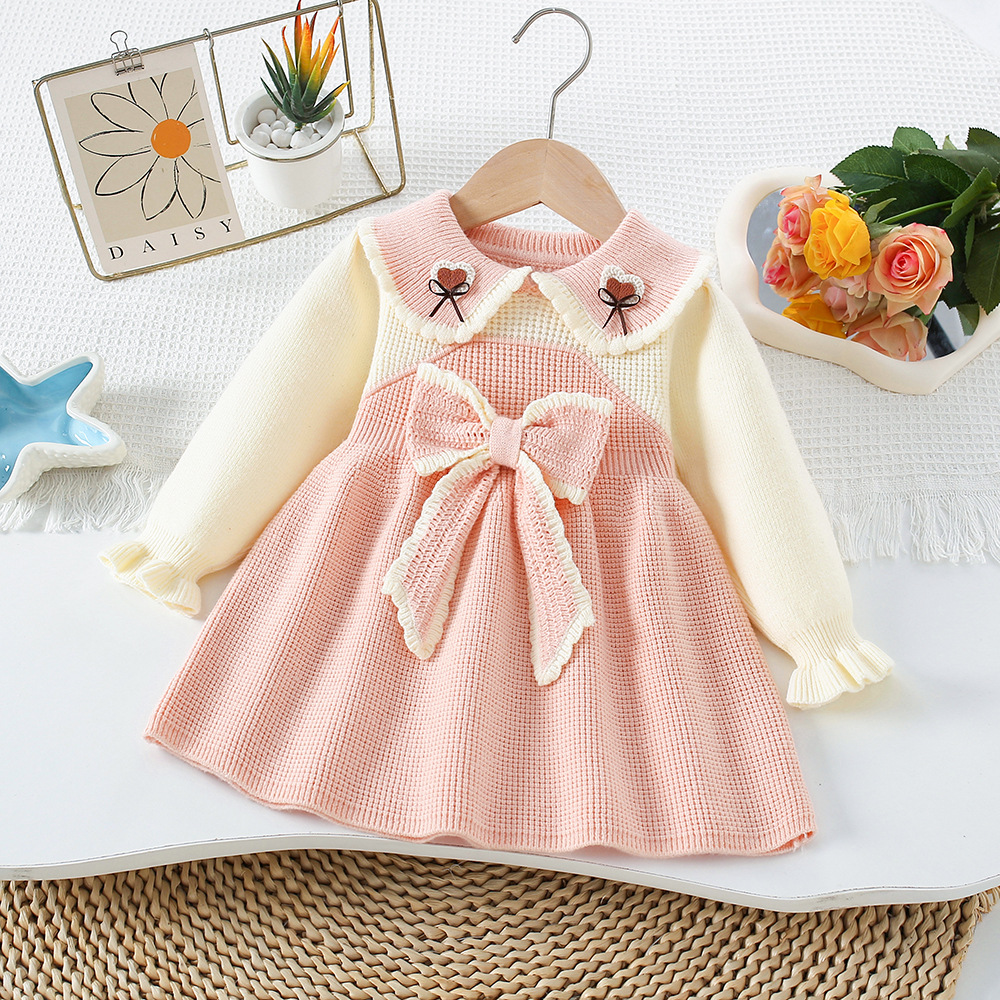 女童秋冬装毛衣连衣裙洋气蝴蝶结针织衫裙子儿童女宝宝长袖公主裙