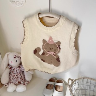 女童套头针织马甲2025春秋新款女宝宝卡通加绒打底衫背心婴儿外穿