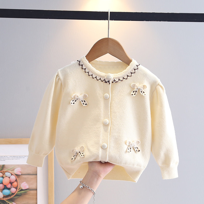 女童蝴蝶结外套春秋款2025新款女宝宝婴幼儿毛衣开衫儿童洋气上衣