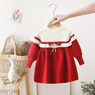 女童针织连衣裙春秋装新款洋气儿童女宝宝千金风公主拜年毛衣裙子