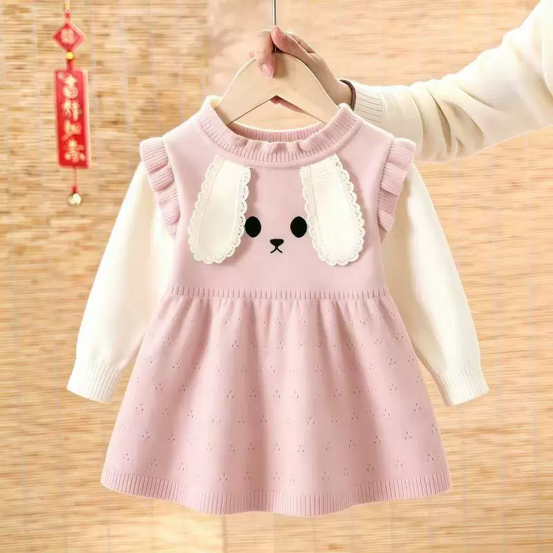 女童针织连衣裙周岁礼服假两件裙
