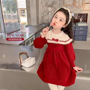 女童连衣裙秋冬新款洋气儿童长袖女宝宝木耳边蝴蝶结公主毛衣裙子