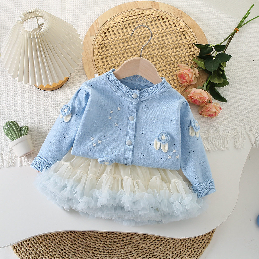 女童针织套装春秋2025宝宝开衫毛衣外套网纱蓬蓬tutu裙儿童两件套