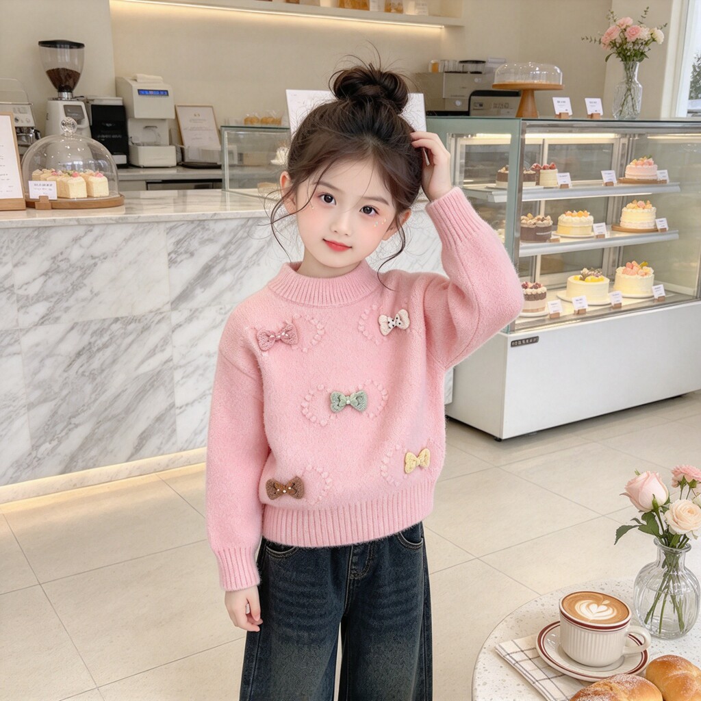 女宝宝蝴蝶结针织毛衣女童春秋冬季加绒圆领打底衫中小童外穿上衣