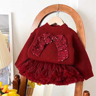 女童针织衫套装新年毛衣女宝宝两件套过年内搭打底衫tutu裙毛线衣