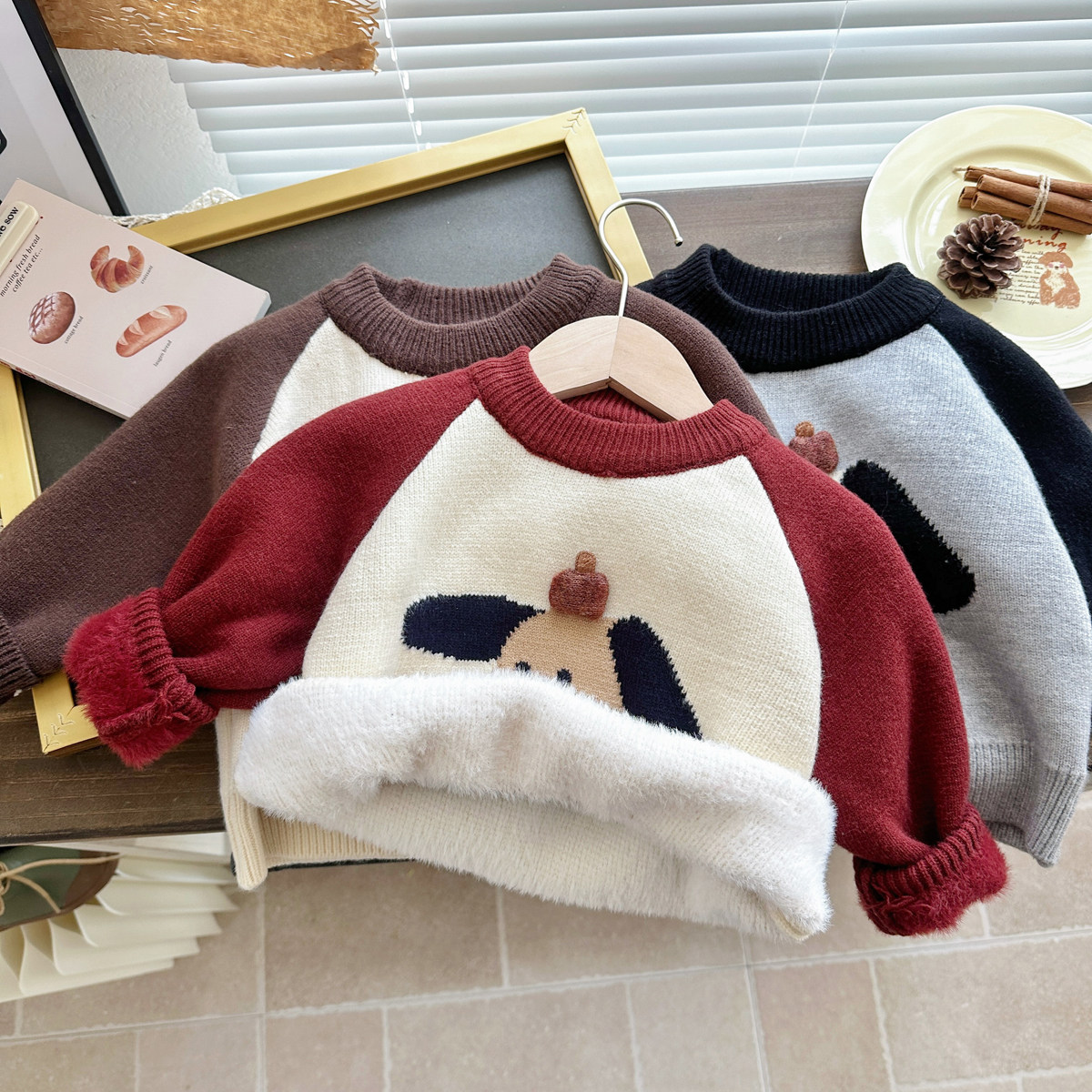男童一体绒针织衫毛衣2025冬季男宝宝卡通加绒加厚儿童打底毛线衣