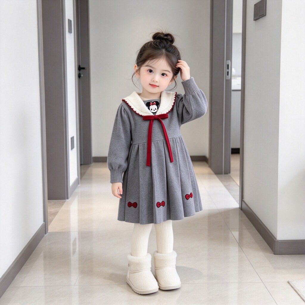 中小童可爱翻领毛衣裙春秋儿童卡通蝴蝶结连衣裙女孩周岁洋气礼服