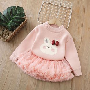 女童针织衫一体绒毛衣套装tutu裙子冬款新款儿童红色女宝宝拜年服