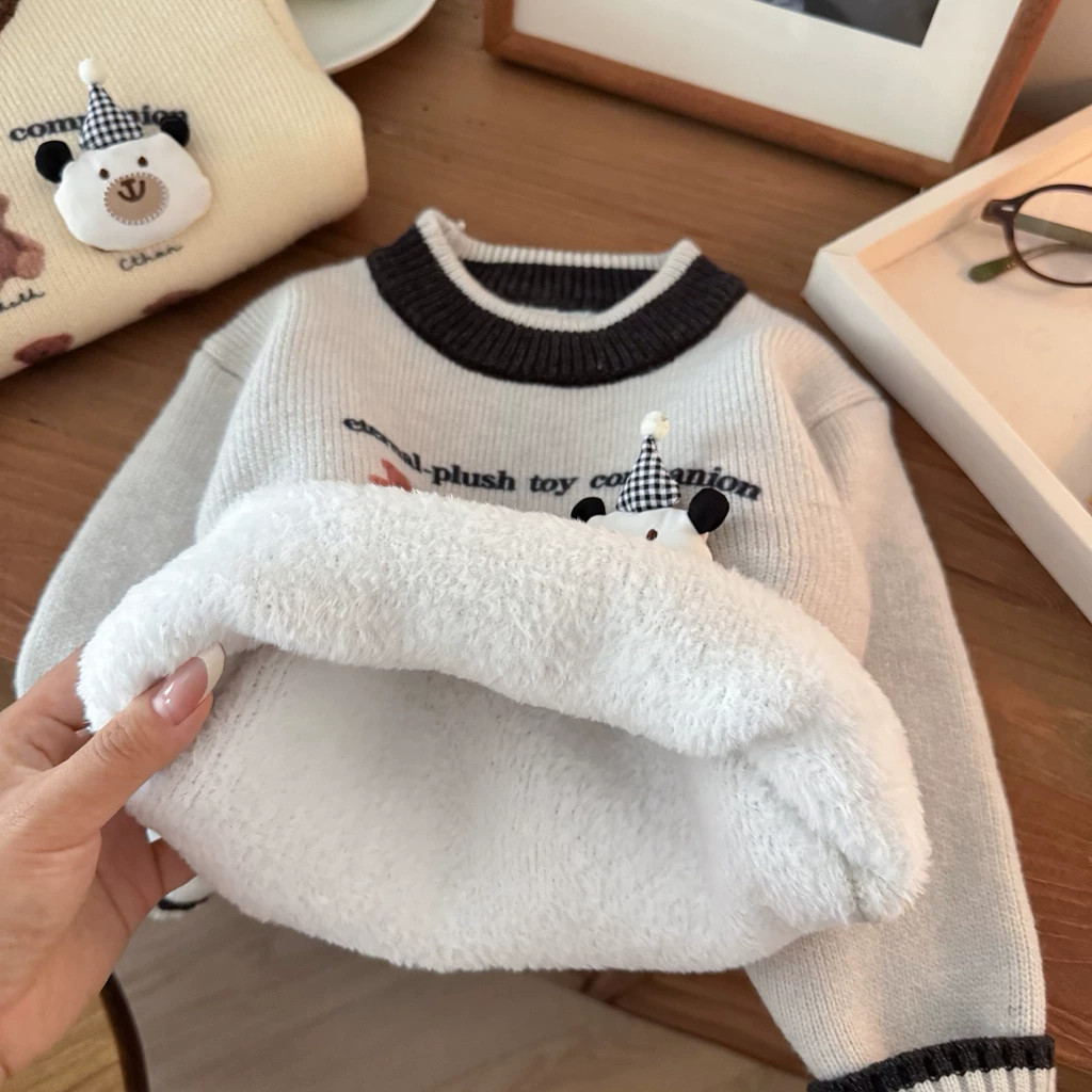 女童一体绒毛衣冬装新款卡通加绒毛线衣儿童针织打底衫上衣女宝宝