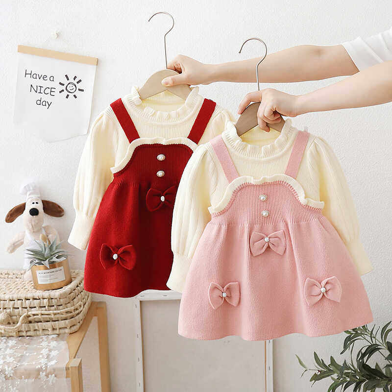 女童公主连衣裙春秋款洋气韩版儿童毛衣裙女宝宝假两件针织衫裙子