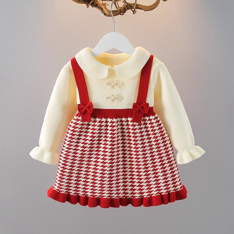 女童毛衣公主裙子春秋新款针织衫蝴蝶结格子假两件宝宝长袖连衣裙
