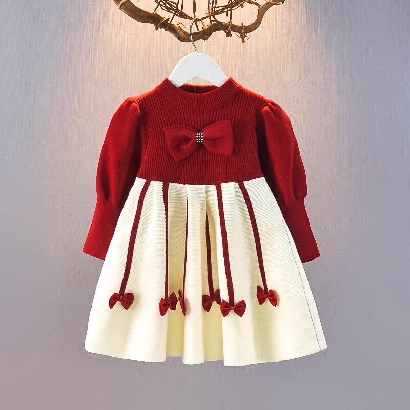 女童红色毛衣连衣裙秋冬季2025新款女孩洋气公主裙冬装儿童针织裙