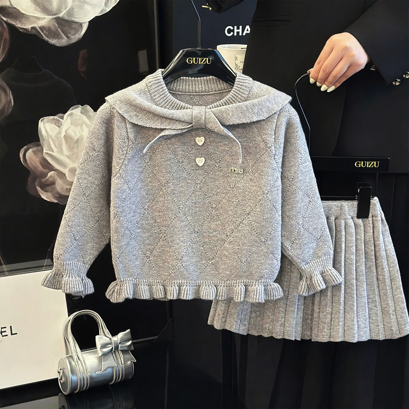 女童毛衣套装秋冬季两件套女宝宝蝴蝶结上衣儿童针织衫半身百褶裙