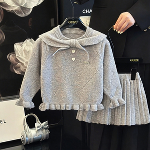 女童毛衣套装秋冬季两件套女宝宝蝴蝶结上衣儿童针织衫半身百褶裙