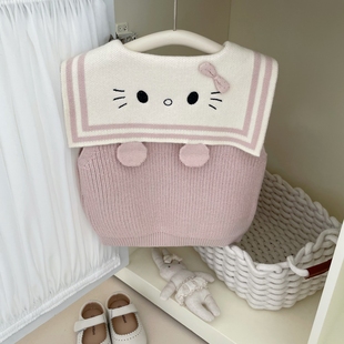 女童针织马甲春秋款女宝宝卡通洋气背心儿童学院风上衣海军领童装