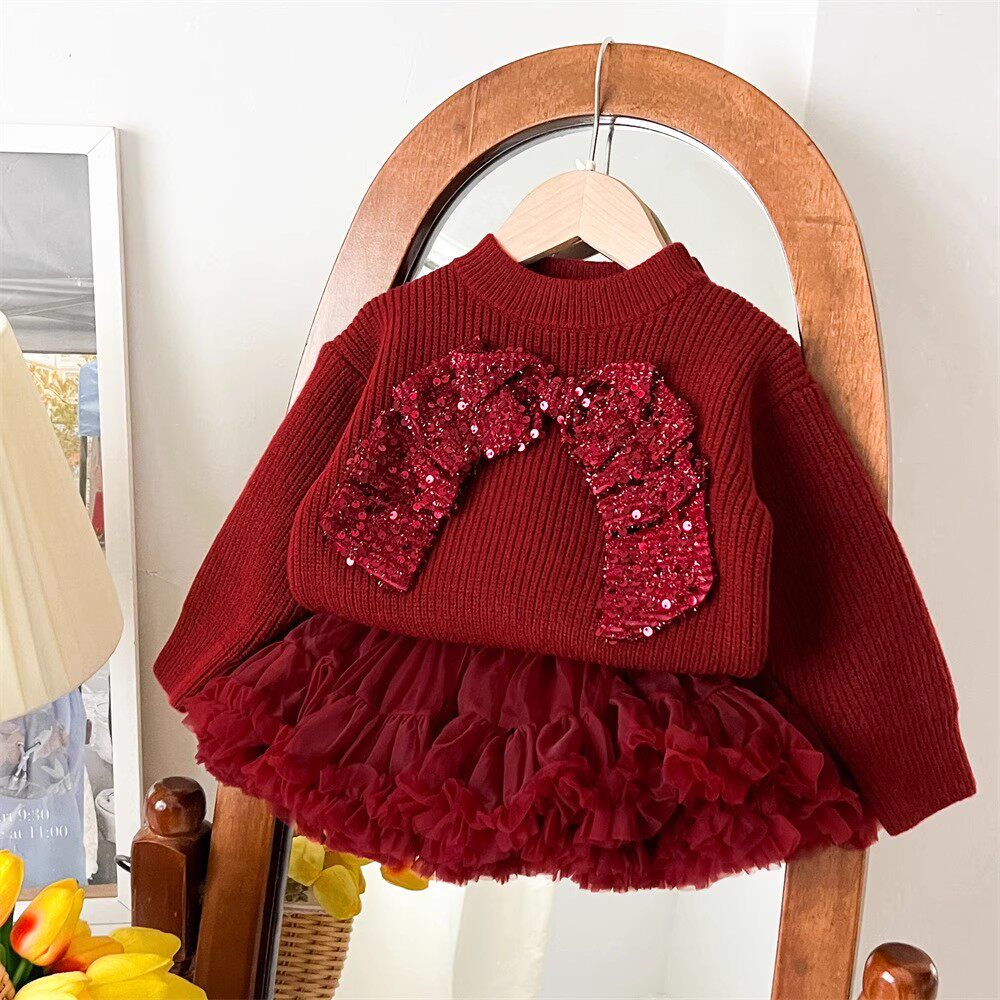 女童针织衫套装新年毛衣女宝宝两件套过年内搭打底衫tutu裙毛线衣